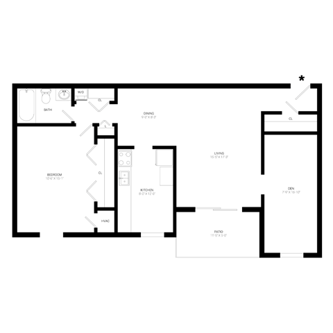 Floor plan for 1 bed, 1 bath, 868 sqft